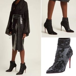 Christian Louboutin Moulakate Black Sequin Glitter Pointed Toe Ankle Boots 37.5